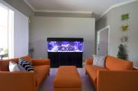 A living room with two orange sofas, a matching ottoman, and a large fish tank with purple lighting against the back wall. The room has light gray walls and a white door on the right.